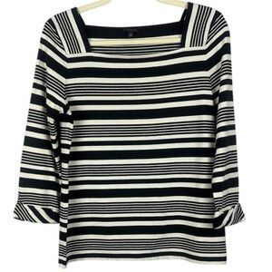 Talbots Cotton Classic Black White Striped Square Neckline 3/4 Sleeve Small Top